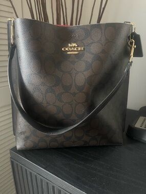 Coach Brown Signature Logo Leather Shoulder Bag with Gold Hardware